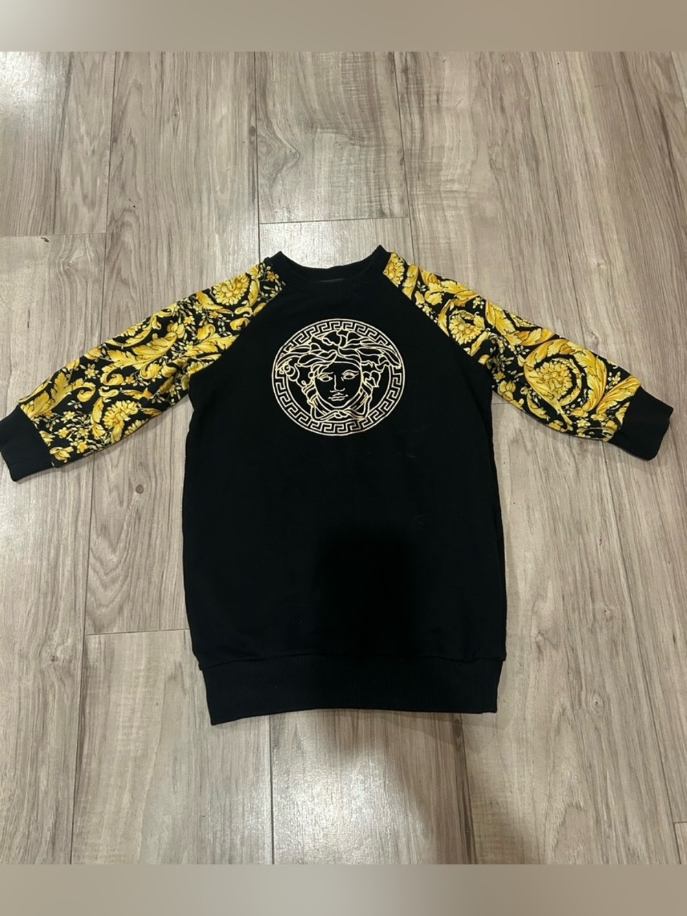 Versace Black Sweatshirt Dress with Yellow Baroque Sleeves